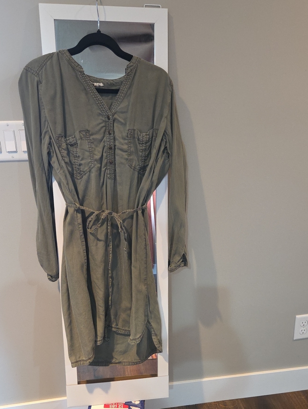 Maurices Olive Green Button-Front Tie-Waist Long Sleeve Dress